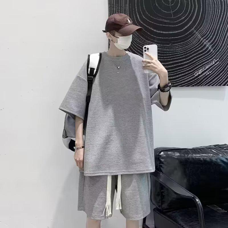 

Крутой вафельный повседневный спортивный костюм для мальчиков - Модный летний наряд с коротким рукавом 3XL серый