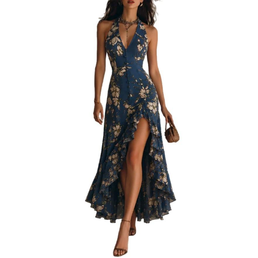 Europe and the United States summer popular women's clothing split design sense sleeveless printing dress