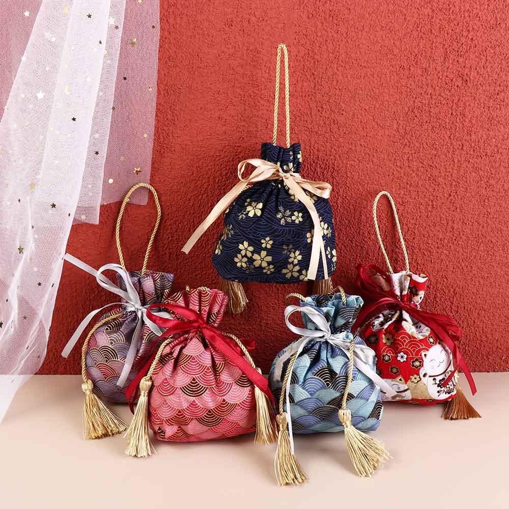 Sakura Floral Canvas Flower Drawstring Bag Lucky Cat Ribbon Bow Wrist Bag Festive Sugar Bag Party