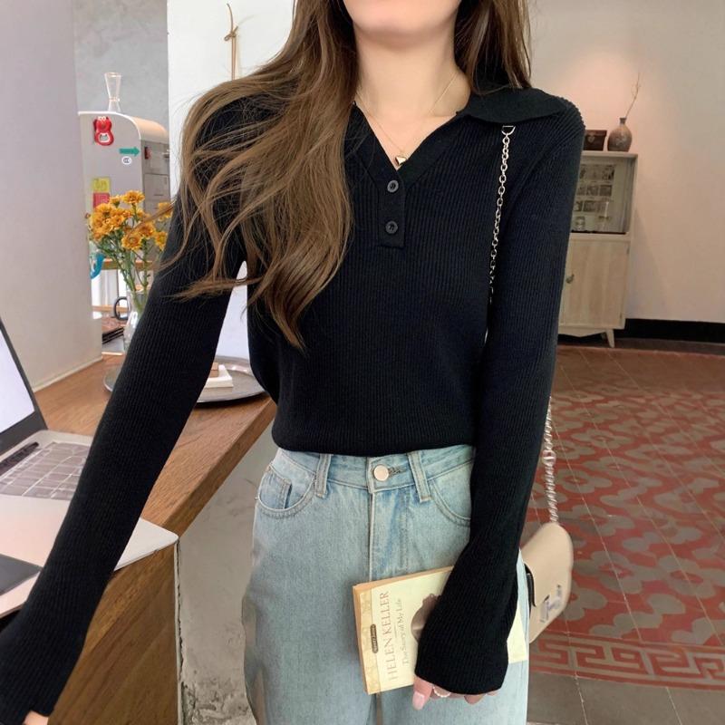 Autumn style polo collar long-sleeved knitted bottoming shirt women's spring and autumn new slim collar inner sweater