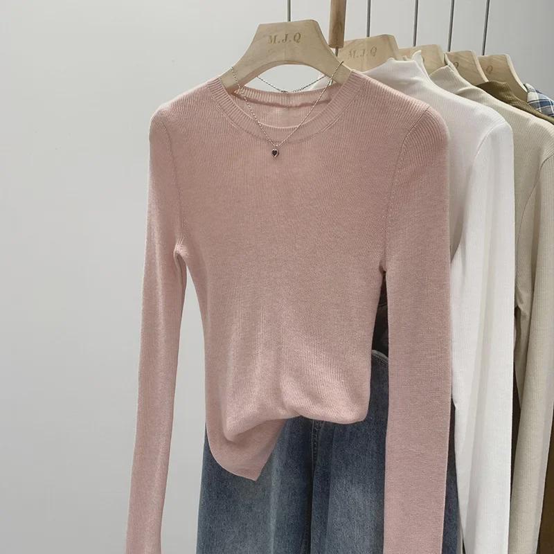 Pulover Tricotat Verde Mentă cu Gât Rotund pentru Femei - Croială Slim, Mânecă Lungă, Top Transparent de Primăvară/Toamnă