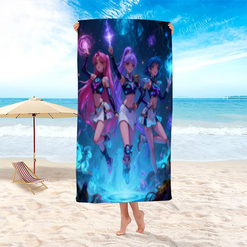 

1pc Anime Magical Girls Beach Towel, Polyester Lightweight Quick Dry Soft Towel, Neon Cyber Magic Design, for Swimming Surfing C W30*H60(CM)