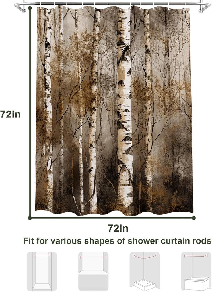 Birch Tree Forest Shower Curtain Machine Washable All Season Waterproof Privacy Protection Nature Design Rustic Hooks Included