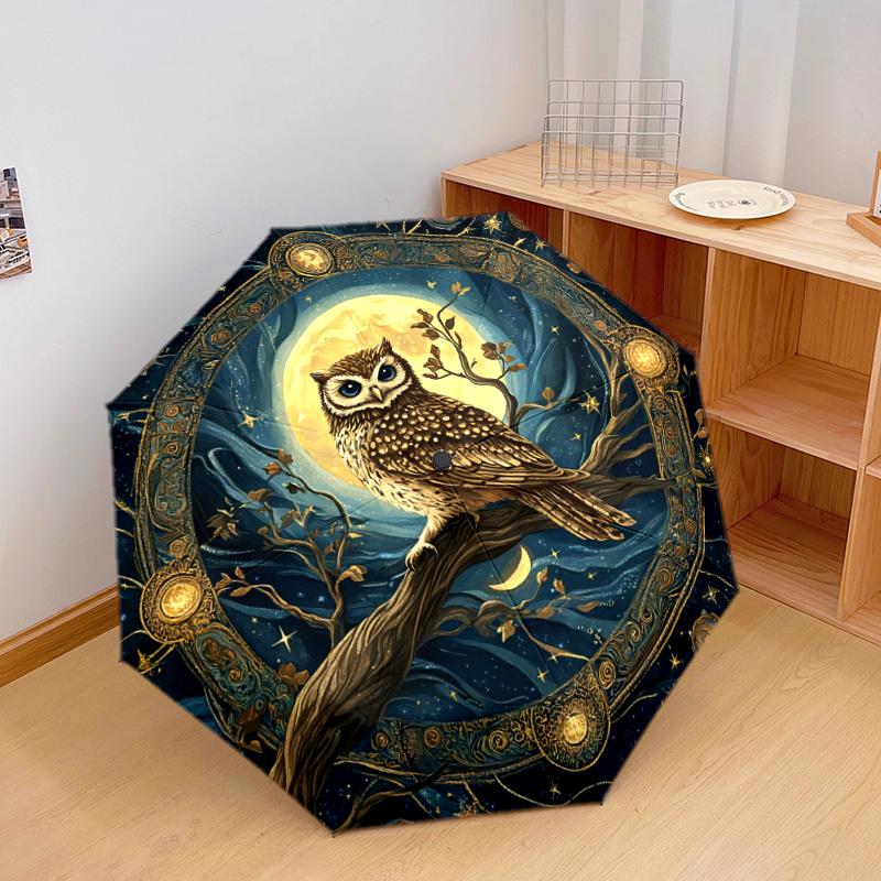 1 PC Automatic Folding Umbrella - Owl Moon Night Pattern, Portable & Foldable Design with 8 Ribs, Christmas Birthday Gifts