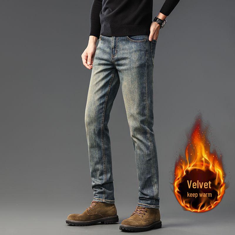 

Мужские джинсы прямого кроя ретро-синего цвета на флисовой подкладке - тренд осени/зимы в корейском стиле. 36