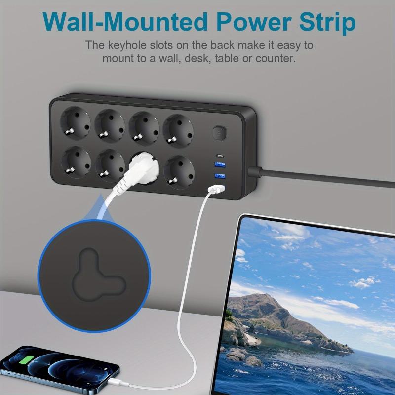 EU Plug AC Outlet Power Strip Multitap Extension Cord Electrical Socket Black Power Board with Surge Protector 2500W