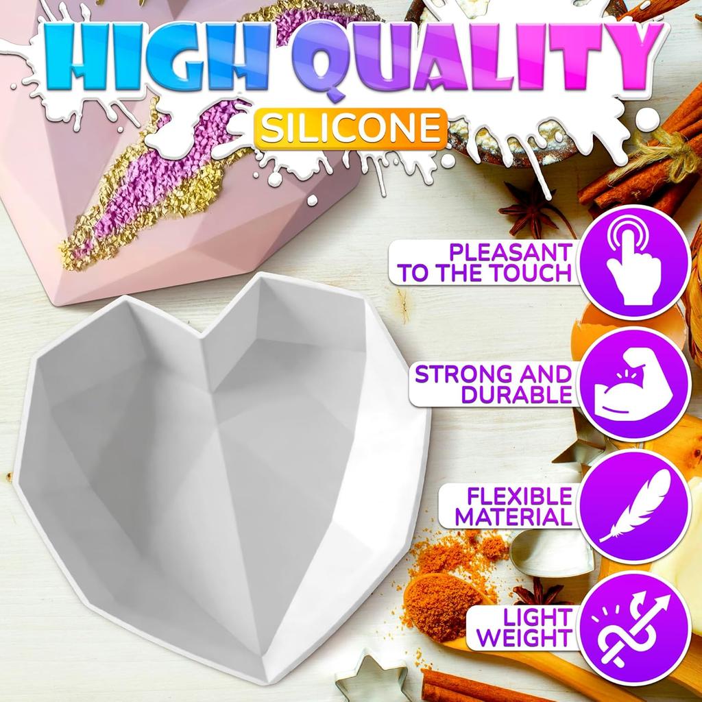 Diamond Heart Silicone Mold Flexible Heart Shaped Cake Pans for Baking and Freezing DIY Mould Cakes Mousse Chocolate Decorating