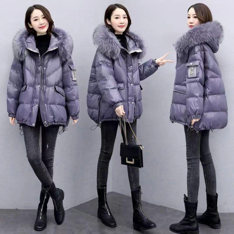 Down Cotton Jacket Women's Mid Length Korean Version Loose Fitting Thick Jacket Large Woolen Collar Winter Hooded Outfi