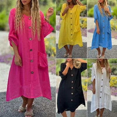 Rochie lungă casual lejeră din bumbac și in pentru femei, cu buzunar și mânecă 7/8 cu nasturi, pentru femei, rochii casual