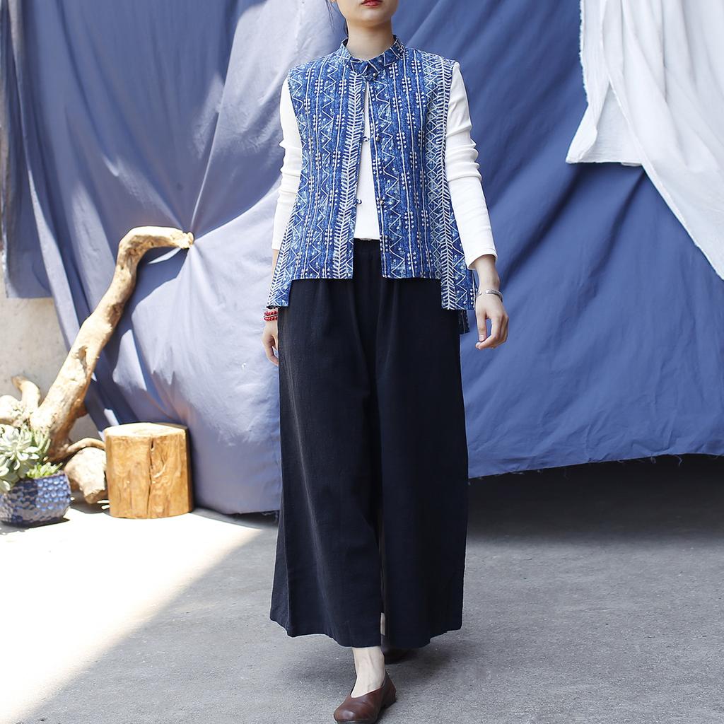 Johnature Vintage Coats for Women Blue White Stand Sleeveless Chinese Style Cloths Autumn Coats