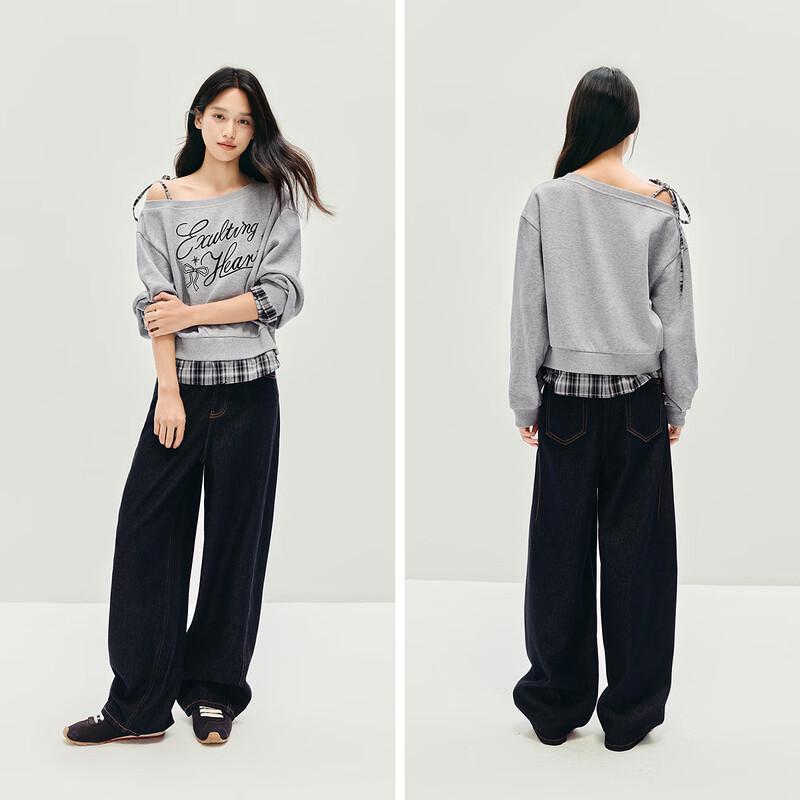 Semir Damen Faux 2-teiliges kariertes Patchwork-Sweatshirt