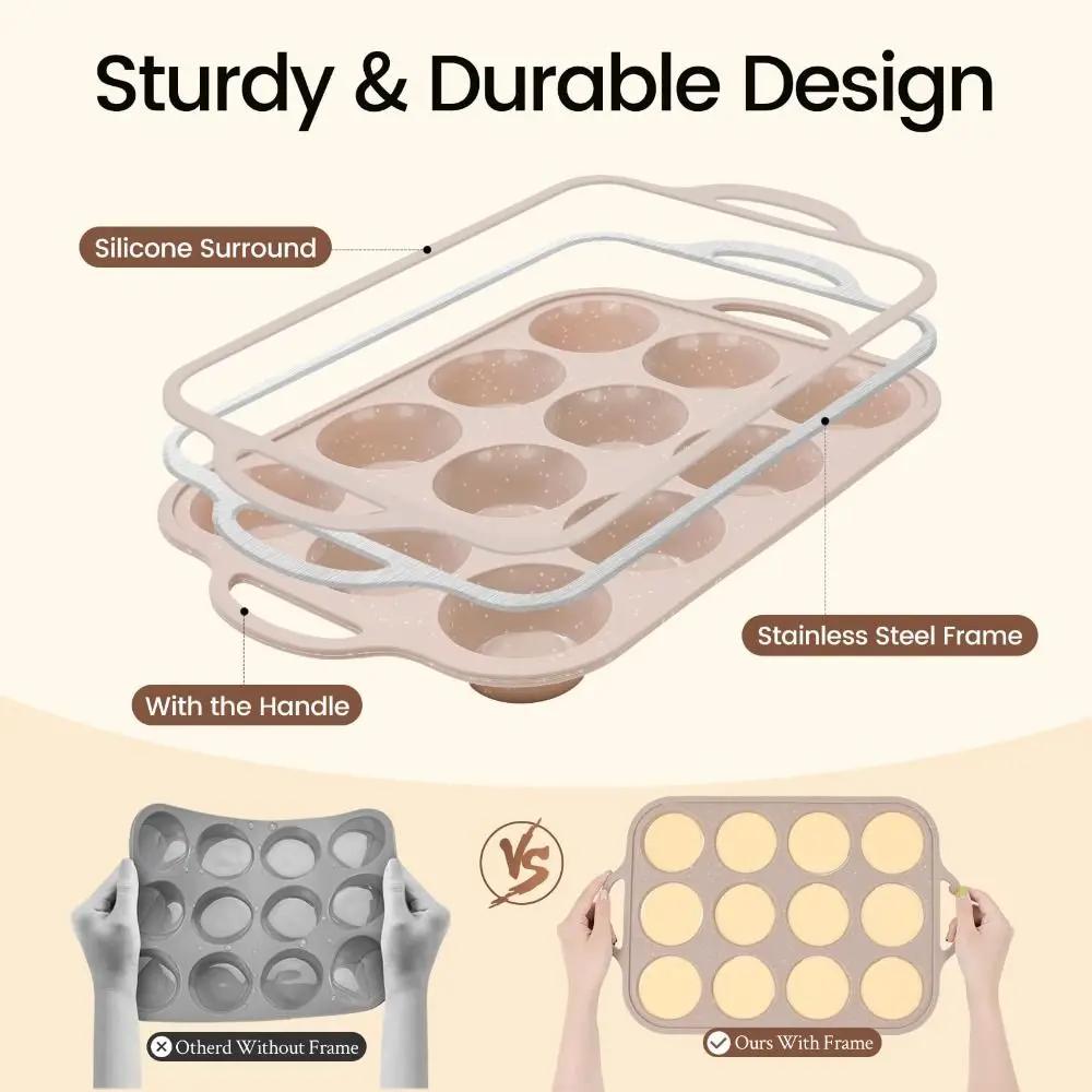 1/2Pack Dishwasher Safe Silicone Muffin Pan Nonstick Metal Reinforced Frame Cupcake Pan 12 Cups Baking Mold Homemade Muffins