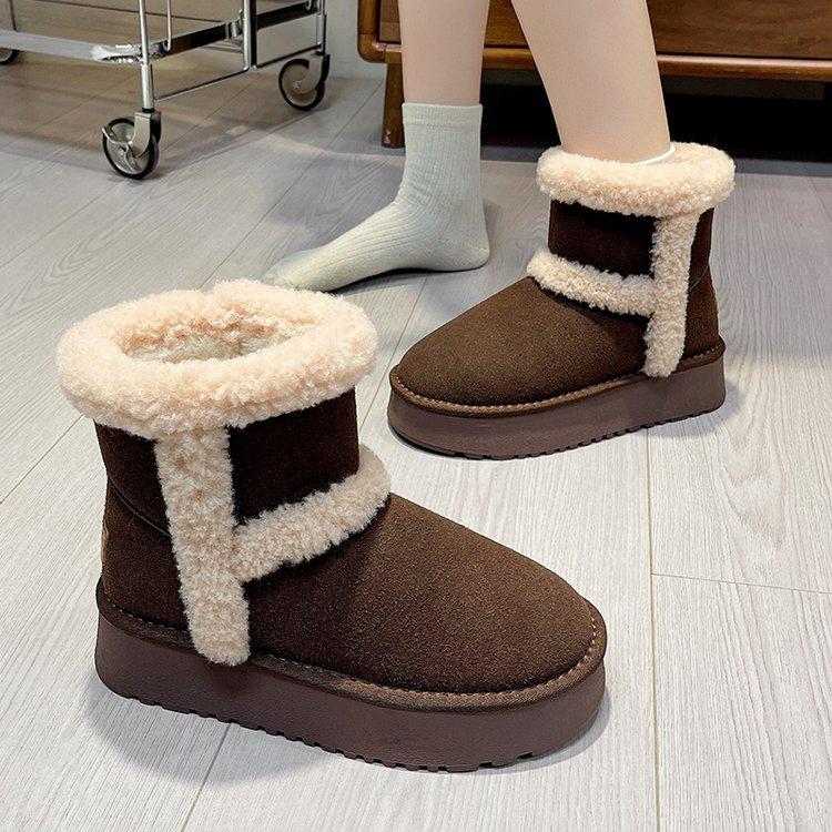 Cowhide Version! Thick-soled Snow Boots Women's 2025 New Fluffy Short Boots Piled and Thickened Versatile Thermal Short Tube Snow Cotton