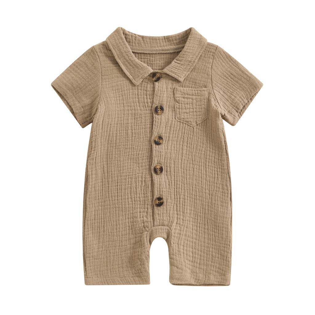 Infant Baby Boy Summer Jumpsuit Solid Color Short Sleeve Lapel Button Down Romper