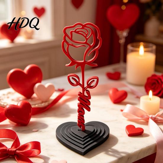 Romantic Rose Decoration And Heart Sculpture 3D Printed Red Ornament Mom Stem Detachable Flower Statue Mother's Day Birthday Gift for from Daughter