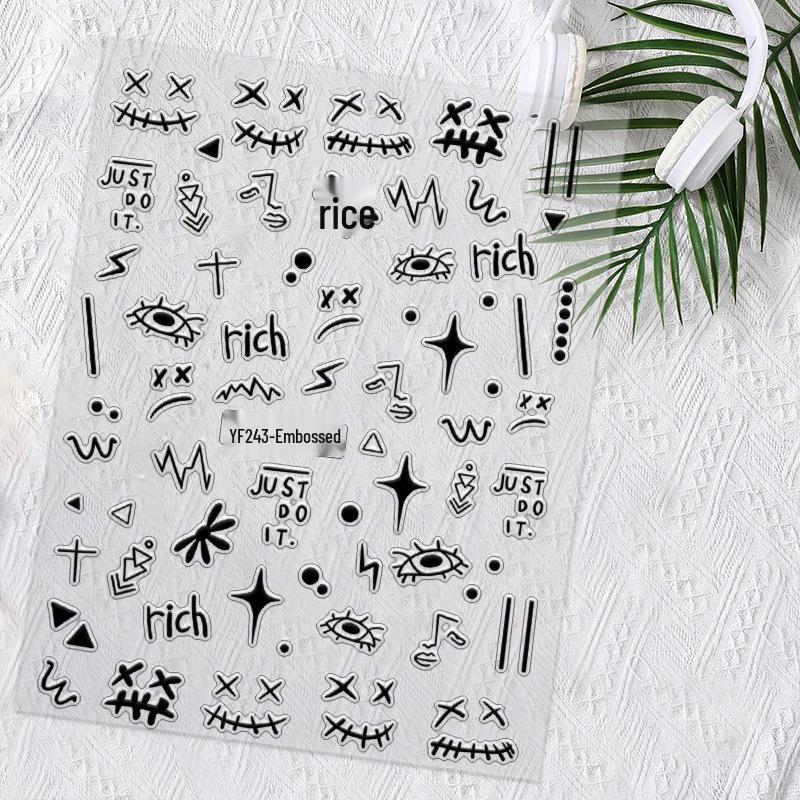 New Gothic Chrome Heart and Cross Nail Stickers: European & American Embossed Black and White Design