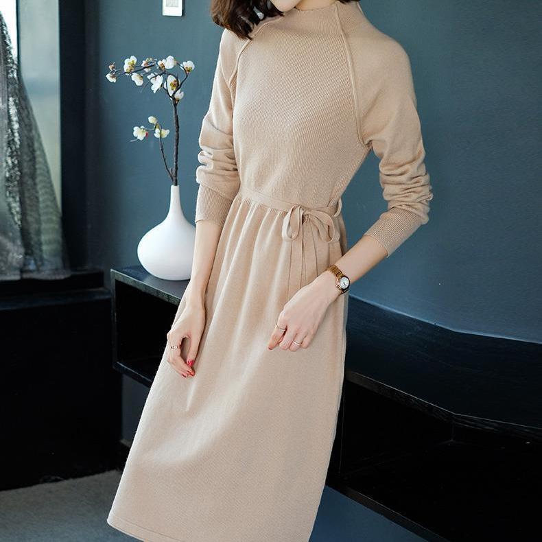 Casual Sweater Dress for Women Mid-length Turtleneck Knitted Sweater Large-sized Solid Color Pullover Long-sleeved Knitted Dress