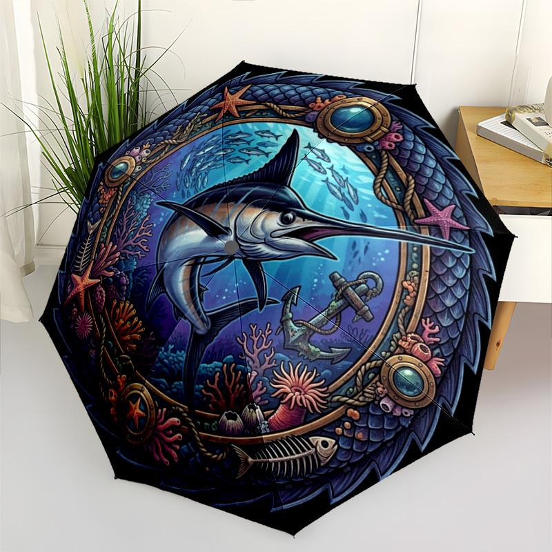 Marine Life Emblem pattern umbrella, portable and foldable design, 8 ribs, a casual accessory for Halloween, Christmas, and birthday gifts.