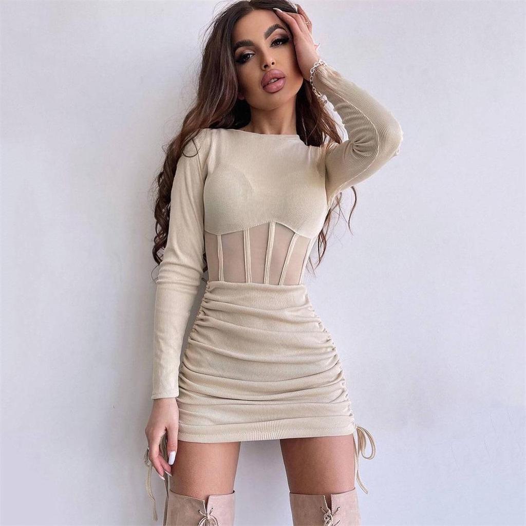 Mesh Waist-Cinching Dress - European & American Style, Spring/Summer Fashion, Round Neck, Sexy Long Sleeve, Ruffled Mini Skirt.