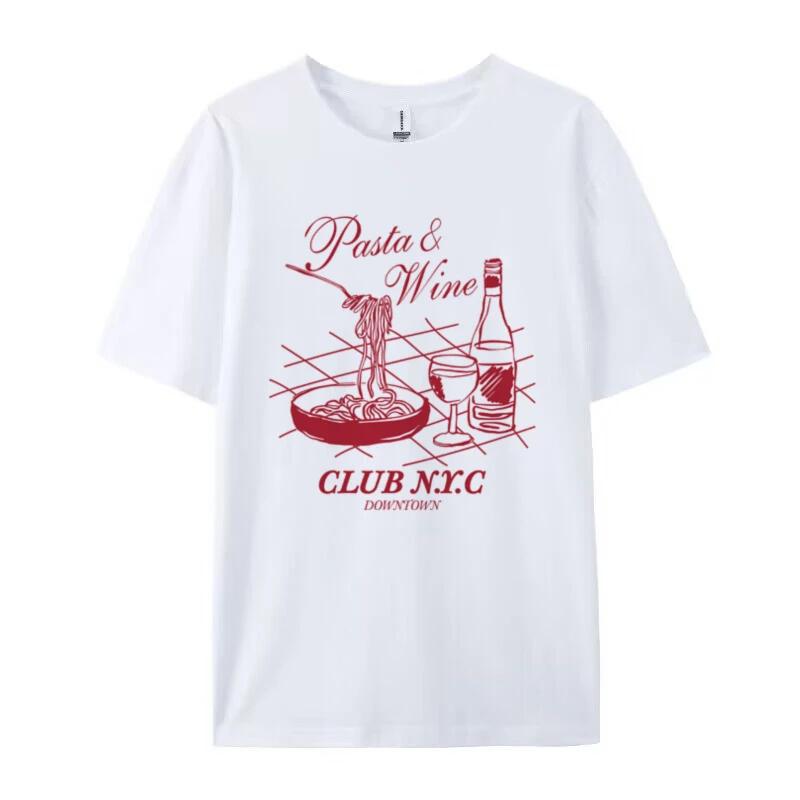 Women Retro Aesthetic Pasta Wine Club T Shirt Cute Italian Food TShirt Cute La Dolce Vita Graphic Tees Unisex Loose Fashion Top