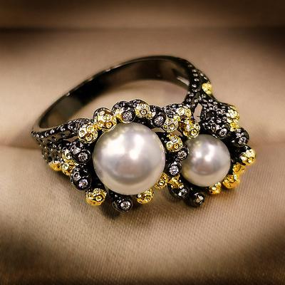 Vintage 925   Baroque Freshwater Pearls Rings for Women Black Gold Filled Cocktail Fine Jewelry Ring Gift