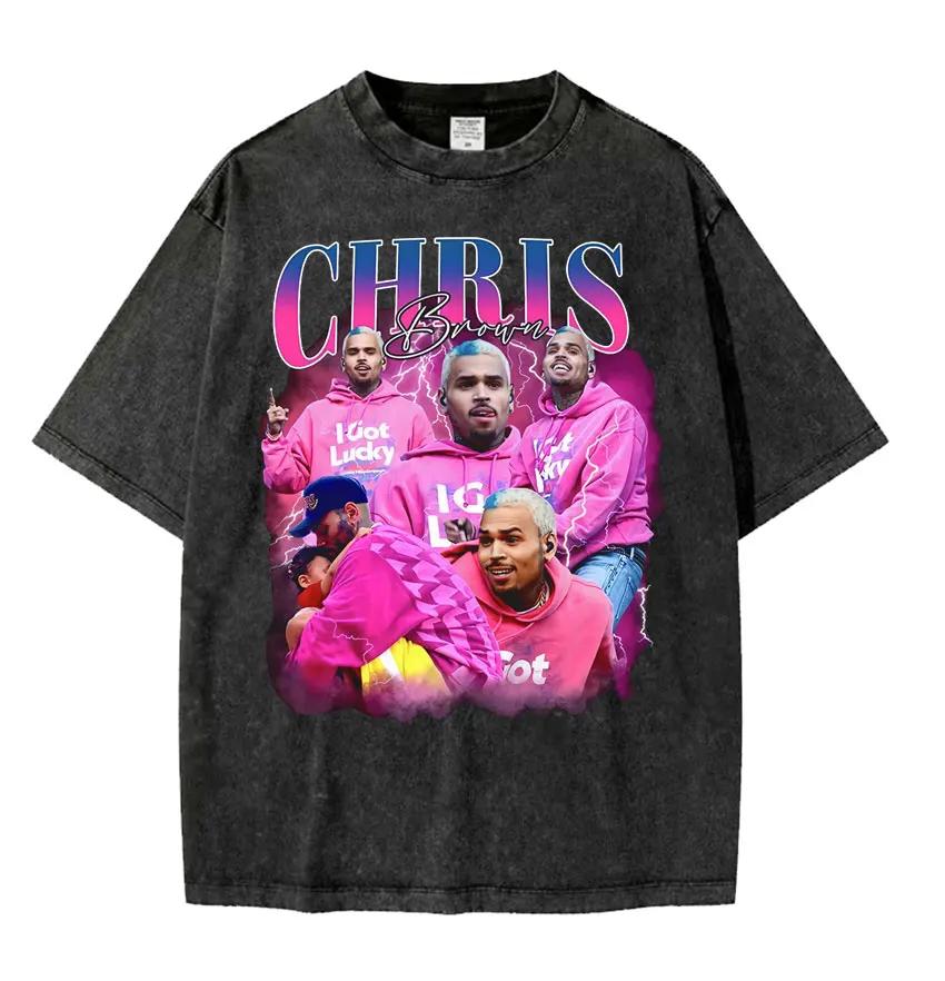 Rapper Chris Brown Breezy Großes Gesicht Grafik T-Shirt Unisex Damenmode Vintage Gewaschen Übergroß Kurzarm T-Shirts Streetwear