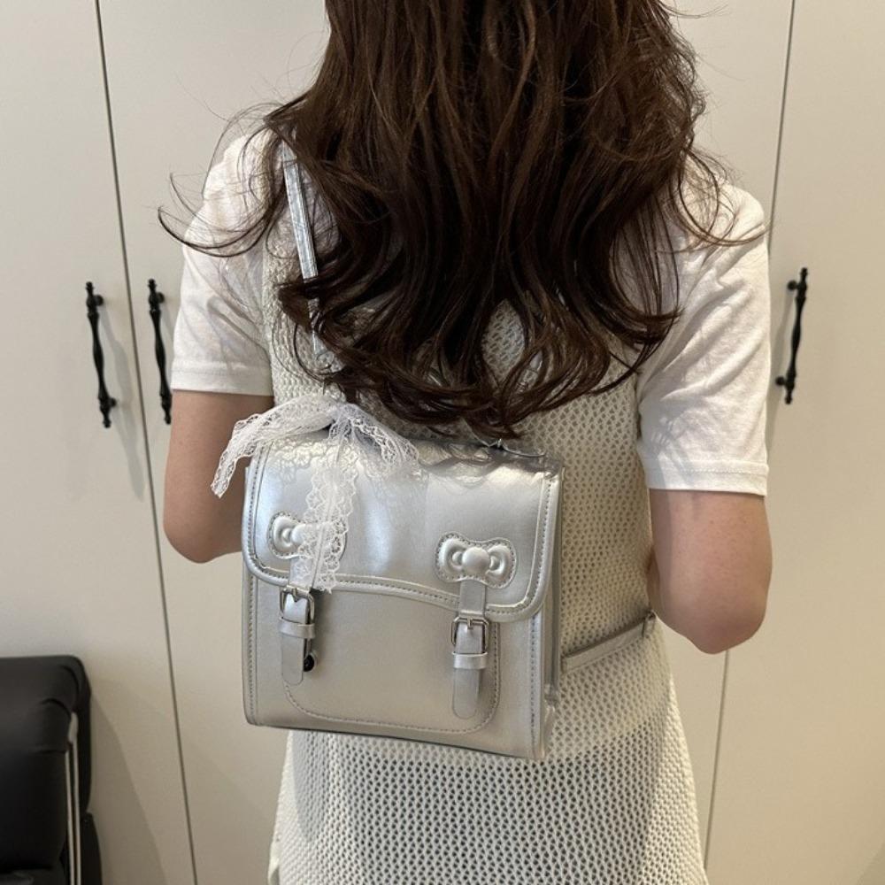 

Square PU Backpack Small Pack Student School Bag Sweet Bow Backpack Lady чорний