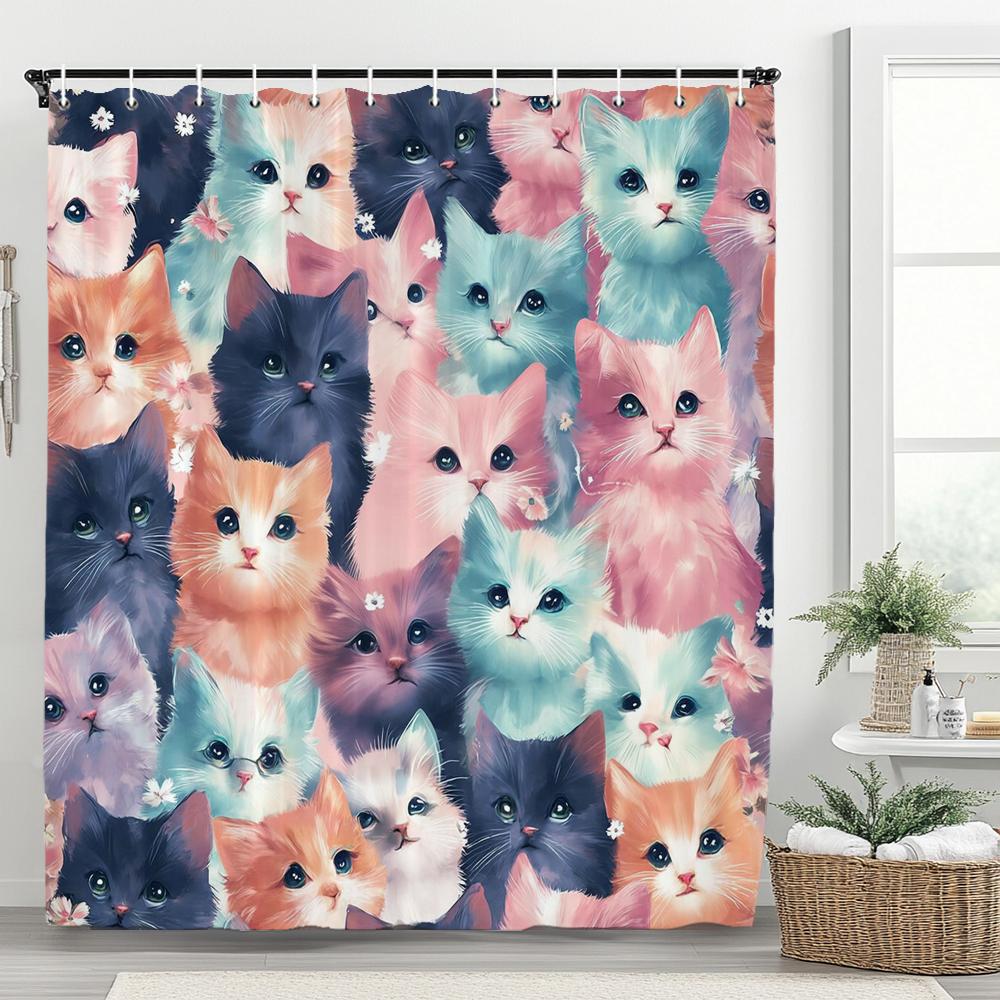 Cute Cat Shower Curtain for Bathroom Decor, Funny Bathroom Curtain , Cat Cute Cartoon Waterproof Fabric Home Curtain With Hooks