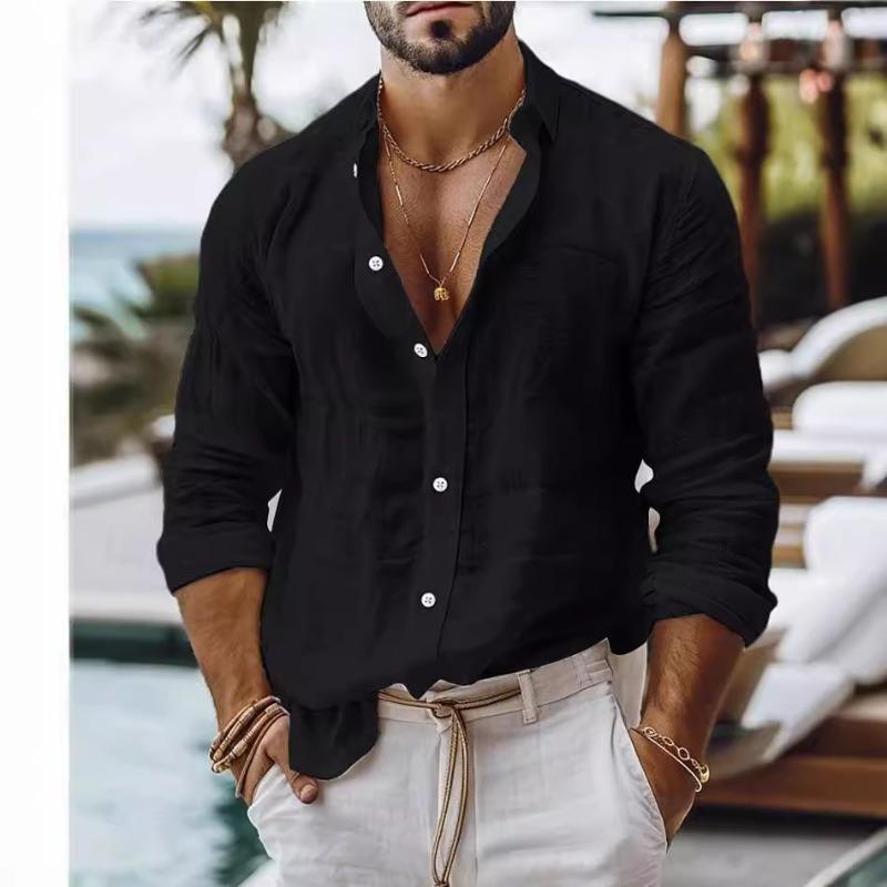 Pánská jednobarevná košile z bavlny a lnu, ležérní styl, dlouhý rukáv, business casual košile