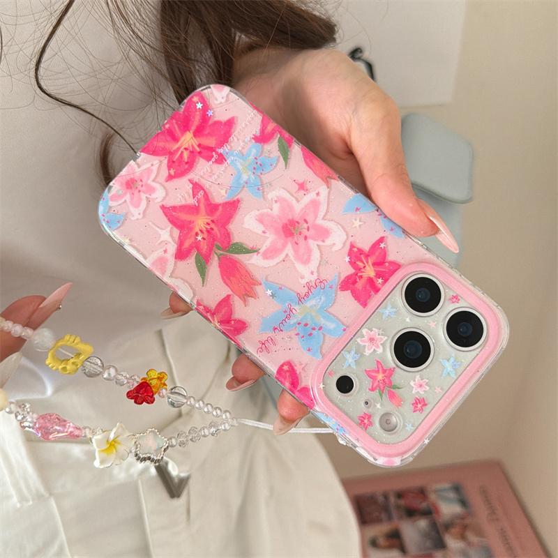 Kawaii Pink Blue Lily Floral Glitter Phone Case With Colorful Beaded Wrist Strap For iPhone 14 15 16 17 Pro Max INS Sweet Style