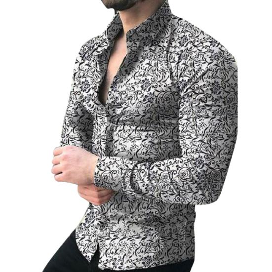 Jaro Podzim Pánská Móda Květinový Potisk Slim Fit Košile s Dlouhým Rukávem Top