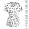 Women's Short Sleeve Stagger V Neck Print Pocket Dry- Top