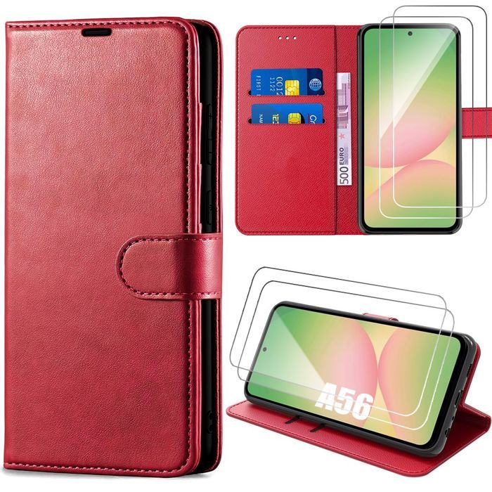 Coque de protection - BOOLING - pour Samsung Galaxy A56 5G - Effet Cuir Rouge - 2 Verres Trempés - Antichoc