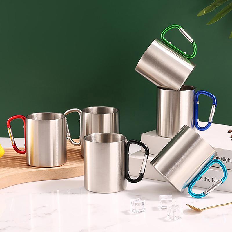 220Ml Camping Travel Stainless Steel Cup Carabiner Hook Handle Picnic Water Mug Outdoor Travel Hike Cup