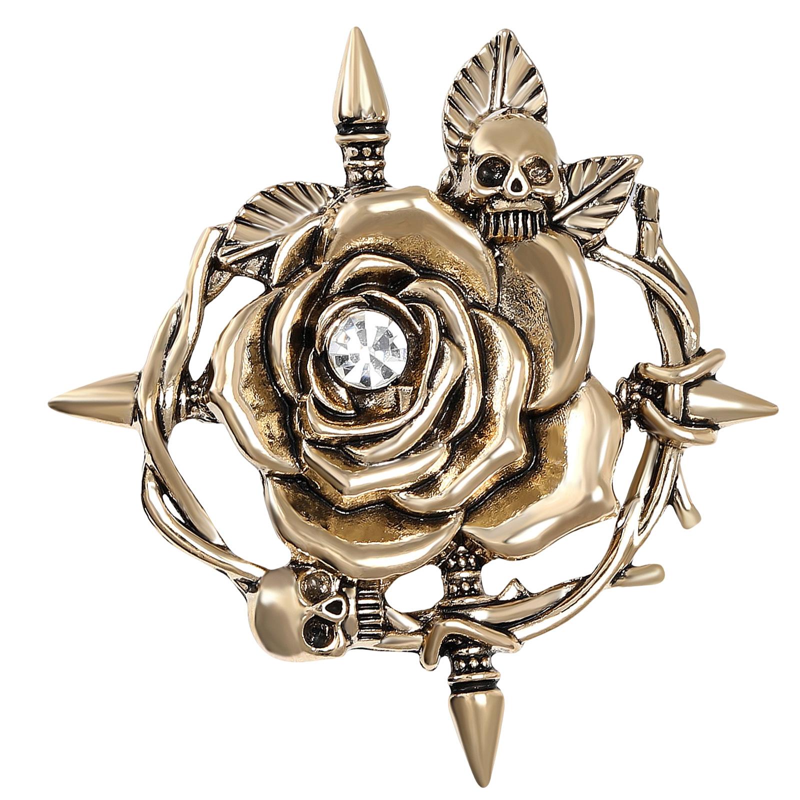 

Винтажная брошь в виде черепа и розы. Красивая текстура сплава, подходит для любителей готической моды и праздничных нарядов. золотой
