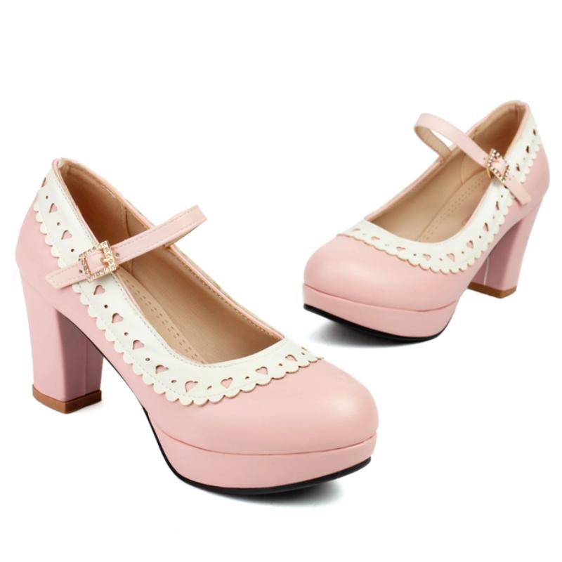 Fashion Elegant High Heels Pumps Lolitas Mary Janes Shoes Blue Pink Black Women's Heeled Party Office Wedding Shoes Large Size 45