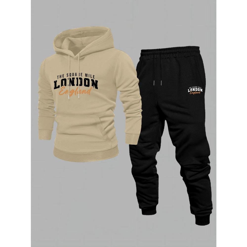 Men'S Two Piece Casual Hoodie Set with Drawstring, Suitable for Autumn And Winter, Featuring a Loose Fitting Top And Matching Sweatpants