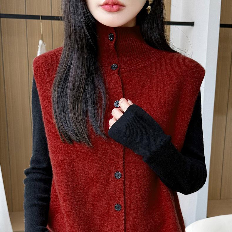 Women's Double-Sided High-Neck Cable Knit Wool Vest - Sleeveless, Thick, Perfect for Autumn/Winter Layering