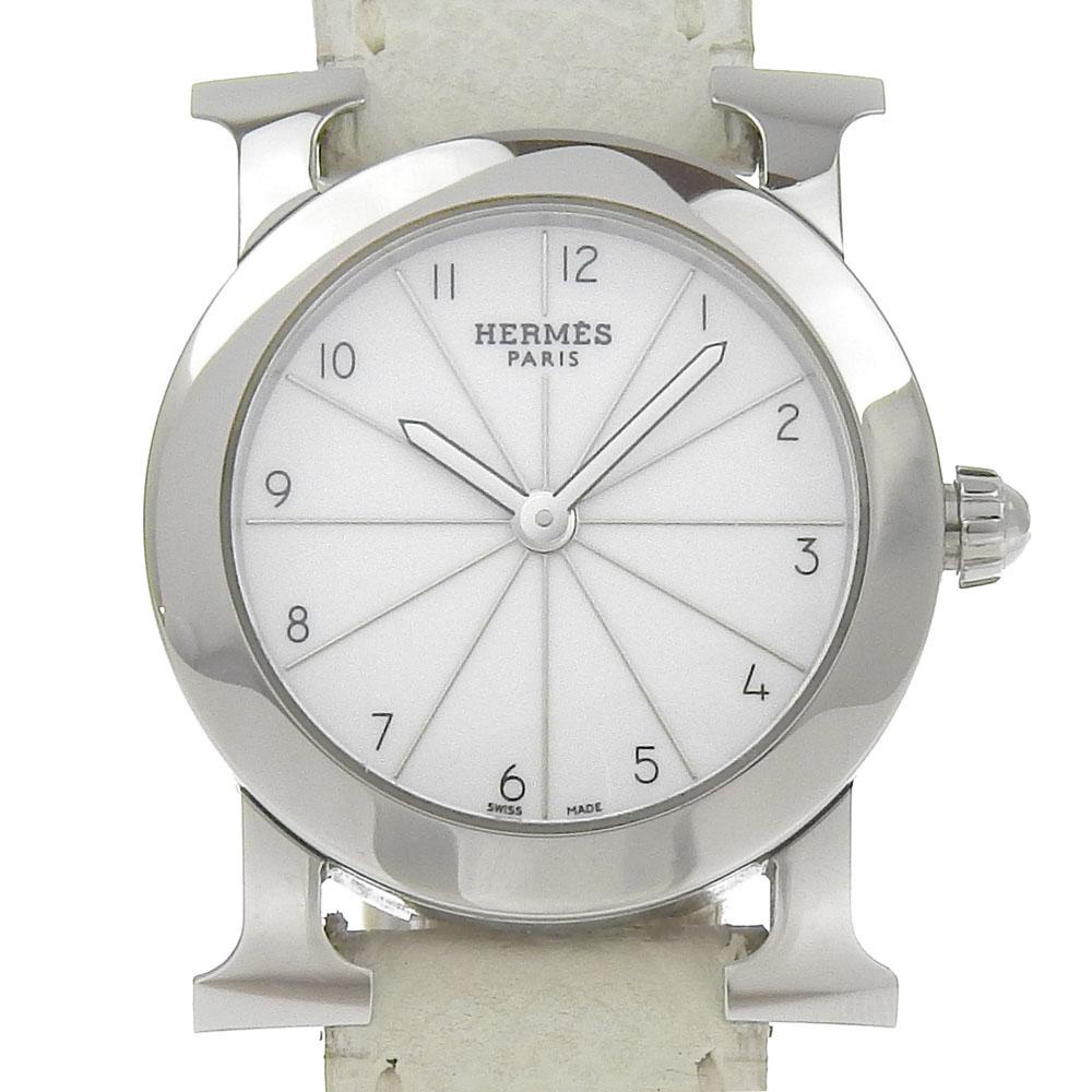 Hermes Heure H Watch Rondo Watches HR1.210 WhiteDial Stainless Steel/Embossed Leather Quartz Analog Display Women Used