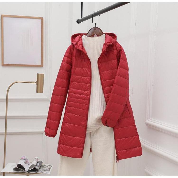 Women Light Down Jacket Hip-Length High Street Overcoat Female Long Warm Down Coat with Portable Storage Bag