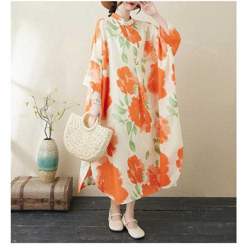 2025 Printed Stand Neck Loose Extra-Large Size Vacation Dress