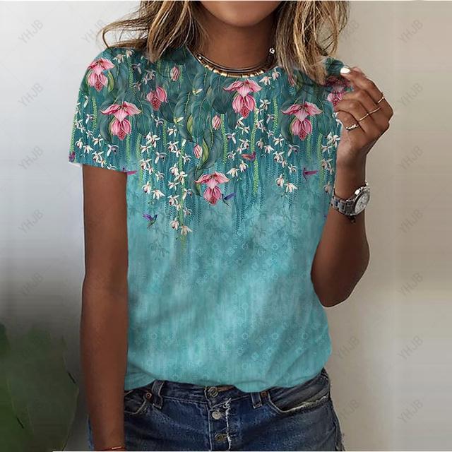 Damska koszulka z nadrukiem 3D z piórami O-Neck Casual Ladies Tee Damskie topy Harajuku Girls Krótki rękaw Streetwear Modne ubrania