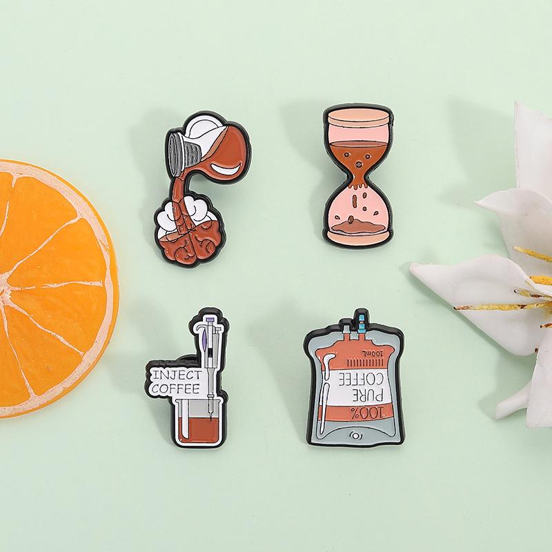 Inject Coffee Enamel Pin Medical Syringe Infusion Bags Pure Coffee Brooches Lapel Badge Jewelry Gift For Coffee Lover Friends