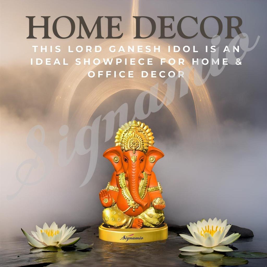 Handcrafted Orange Ganesha Idol for Car Dashboard Item: Ganesh Ji, Ganpati Bappa Murti for Home Decor - Exquisite Car God Idols