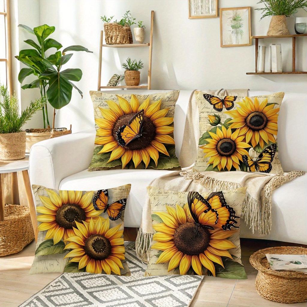Vintage - Style Sunflower - Butterfly Pillow CoversLiving Room Sofa Cushion Cover, Soft and Comfortable, Bedroom Room Decoration
