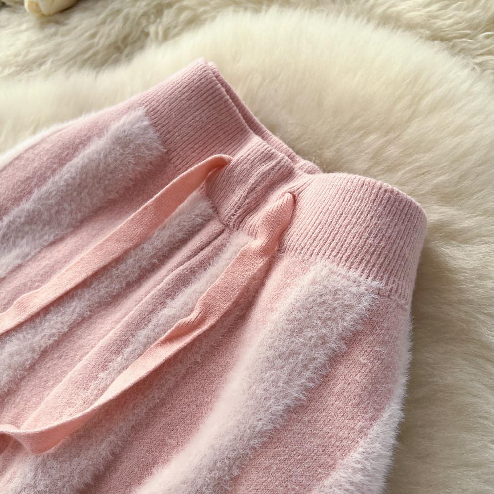 Autumn Winter Women Lazy Style Striped Knitted Sweater Drawstring Wide-leg Home Pant Trouser