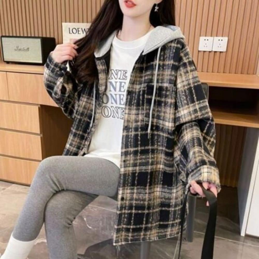 Navava Men Retro Casual Check Long Sleeve Hooded Shirt Nb2974