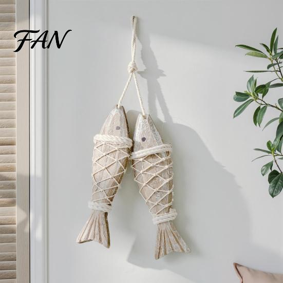 Coastal Wall Art Rustic Nautical Wooden Fish Decor, Beach Style Hanging Creative House Decor Ornament with Fishing Net for Lake House, Bedroom,