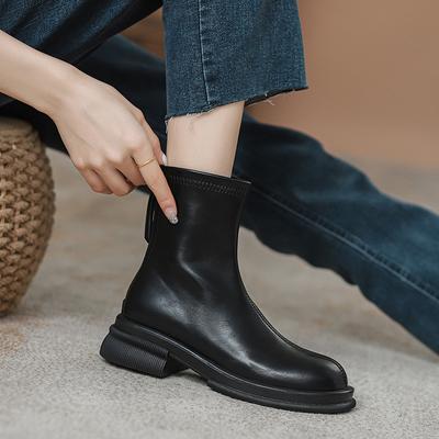 Damen Stiefeletten mit niedrigem Absatz im britischen Stil, Frühlings-Herbst-Schuhe, Damen elastische, schlank machende, moderne kurze Stiefeletten