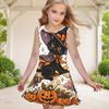 Girls Round Neck Sleeveless A Line Flared Hem Dress Halloween Raccoon Pumpkin Printed